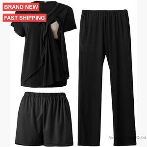Maternity Nursing Pajama Set Postpartum Breastfeeding Sleepwear with Pockets